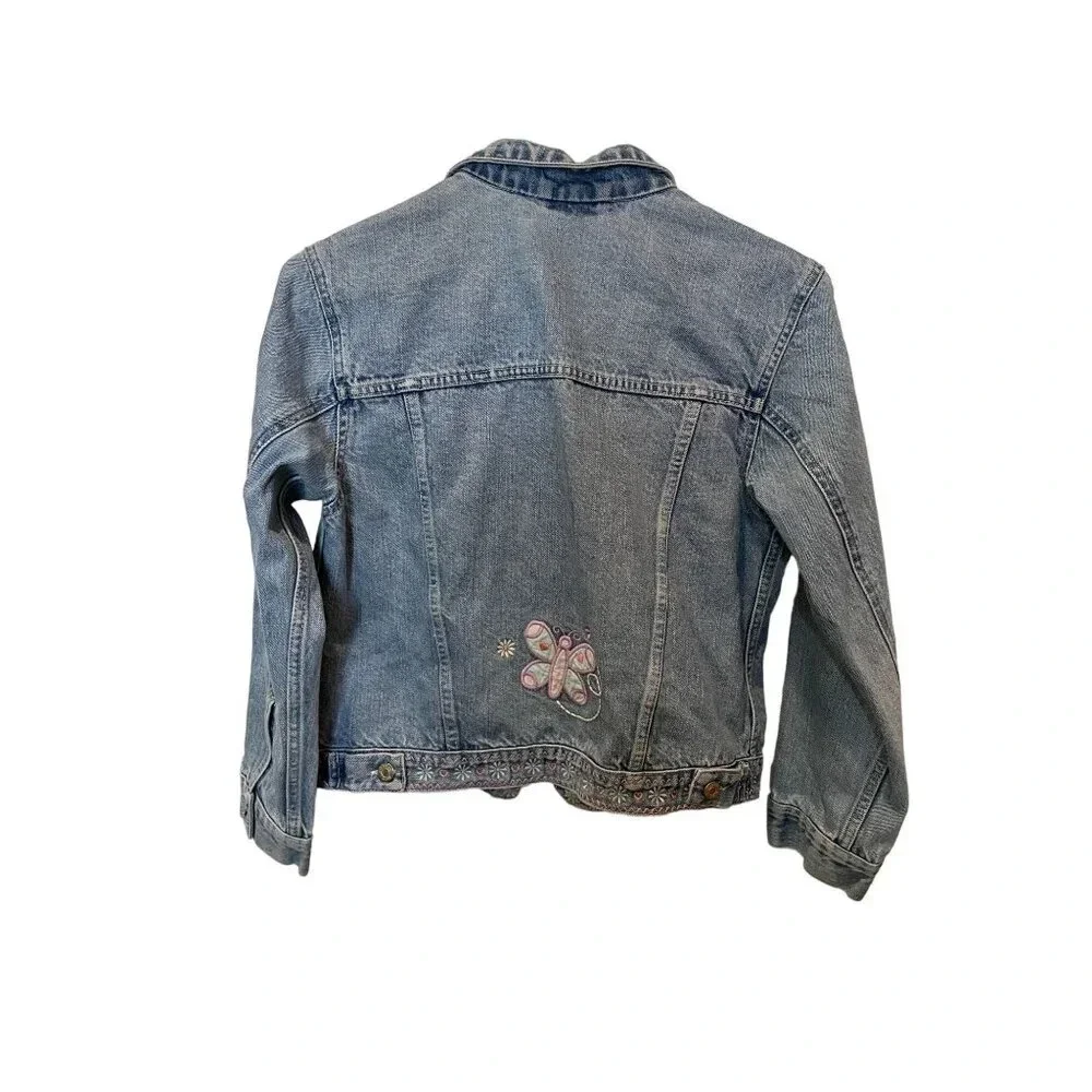 High Sierra Girls Embroidered Floral Butterfly Denim Jacket M 10/12 Boho Cottage
